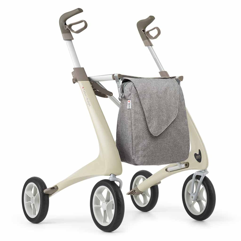 Carbon rollator Ultralight (4,8 kg) | by Acre | Kleur: Beige | Lichtgewicht | Omgekeerde handvatten | Lichtste rollator | Soft banden | byAcre